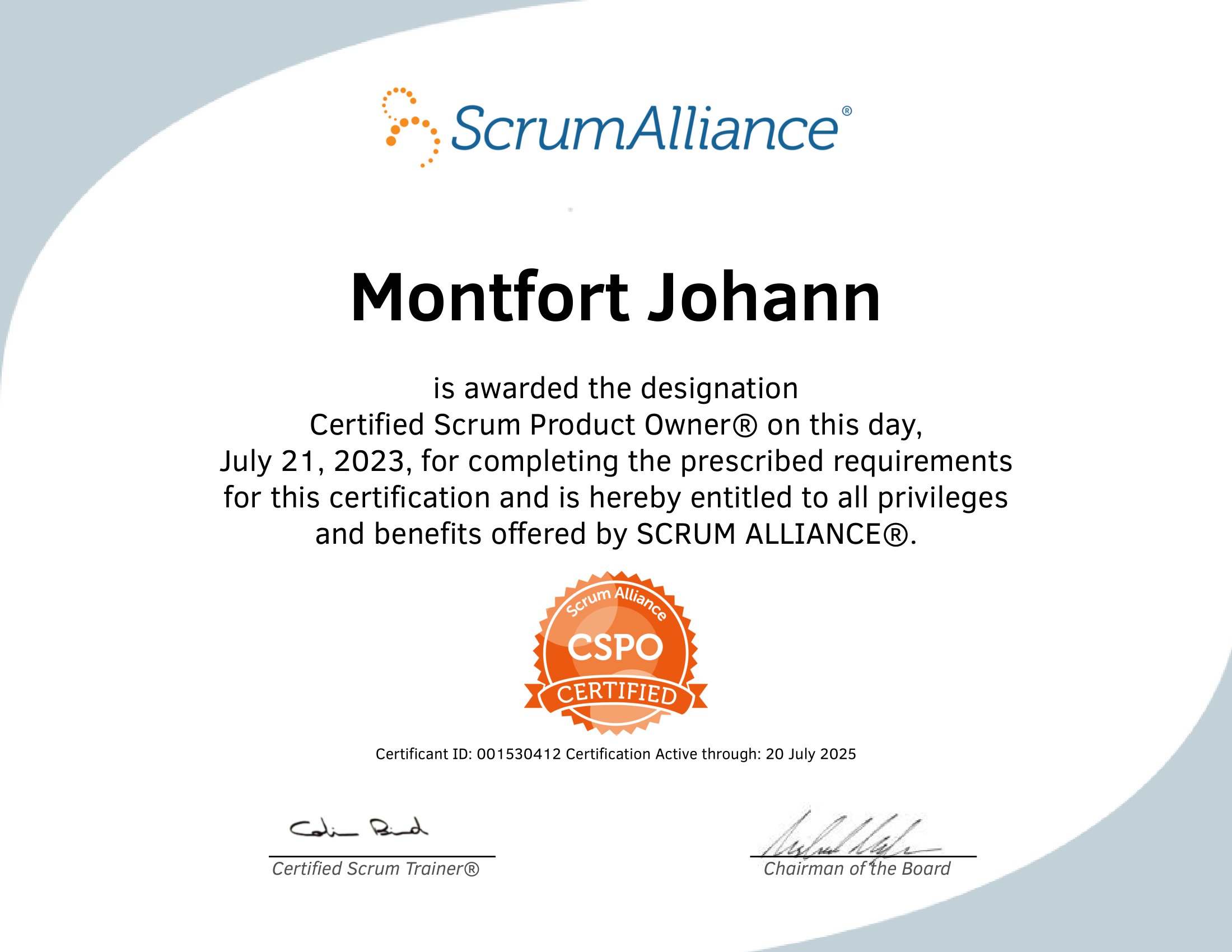 Certified Scrum Product Owner certificate